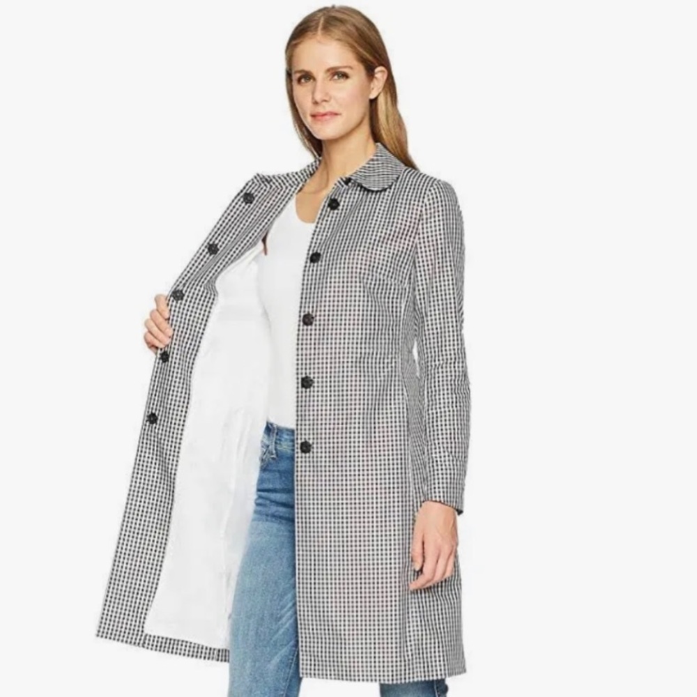 Anne Klein Black White Plaid Houndstooth Gingham Trench Jacket Coat. Checkered.